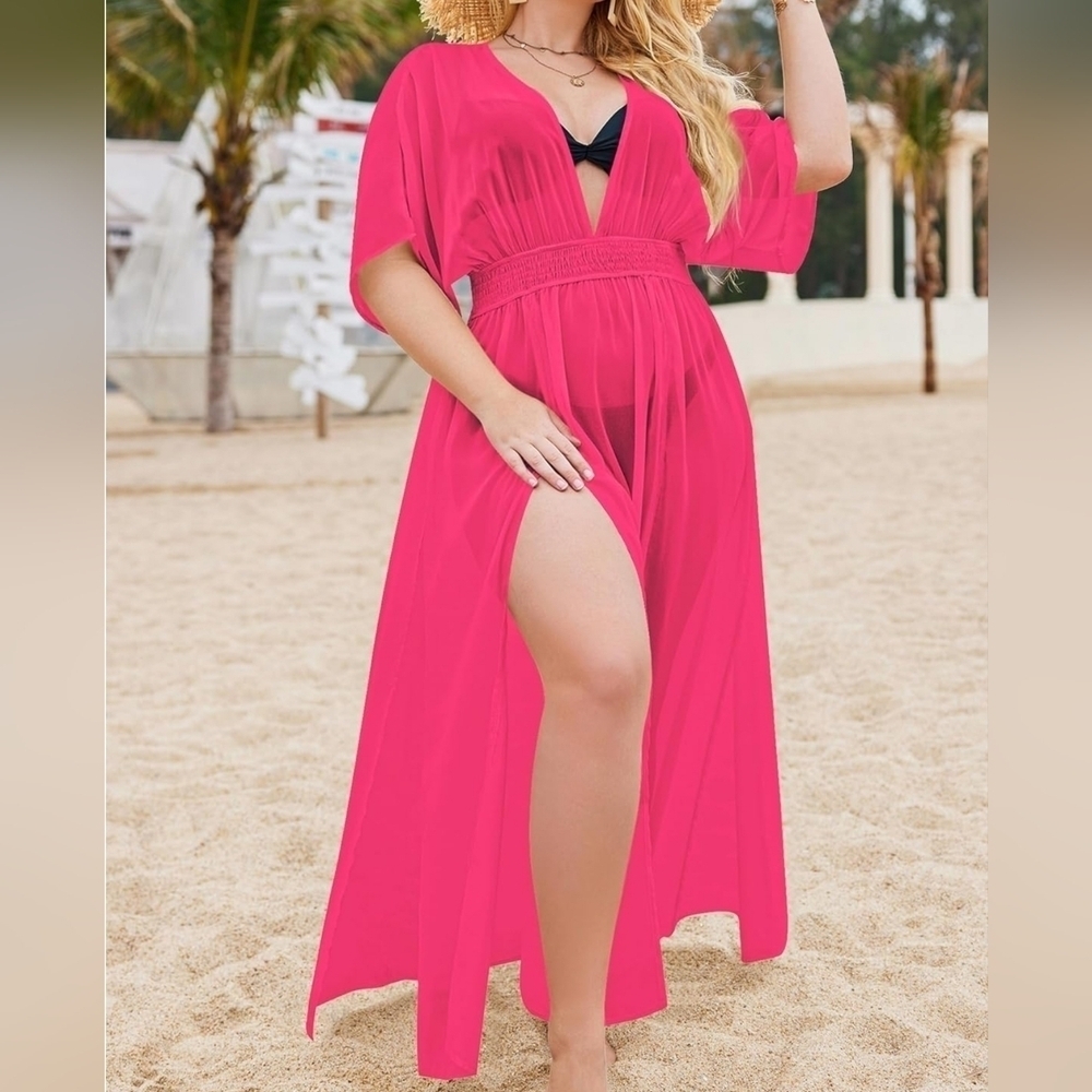 IN'VOLAND Womens Swimsuit Bikini Cover Deep V Neck Long Split Kaftan Kimono, 18W